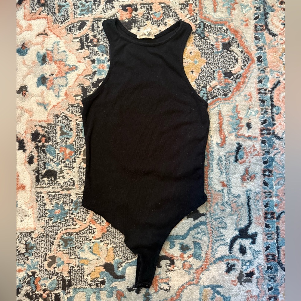Black Cotton-Blend Ribbed Bodysuit